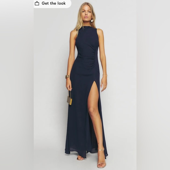 Reformation NEW Senna Dress Navy Sleeveless Maxi Gown Cowl High Neck Slit 16 nwt - Picture 1 of 11